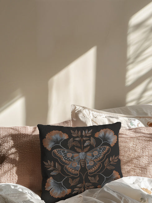 A square decorative pillow featuring an intricately detailed Luna moth in copper, terra cotta and slate blue colors on a black background. The moth is centered in a symmetrical arrangement with ginkgo-inspired leaves and botanical elements surrounding it.